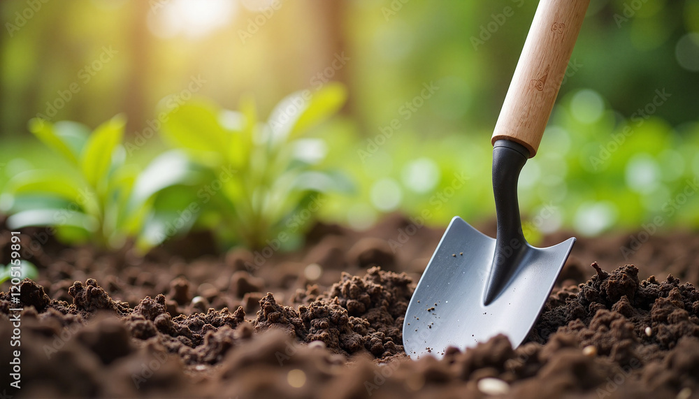 Shovel digging in rich soil with green plants in background Shovel digging in rich soil with green plants in background