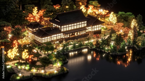 Illuminated Asian Temple Night Scene Autumnal Garden