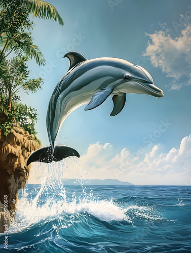 Dolphin Leap of Joy: A vibrant, photorealistic depiction of a sleek dolphin soaring through the azure waves,  captured in a breathtaking leap. photo