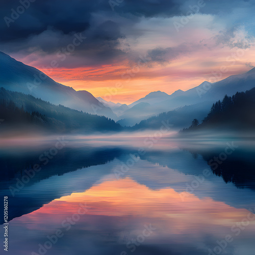 Misty Mountain Reflections:  A picturesque landscape unfolds with breathtaking views of the mountain range as the sun sets.  The colorful sky reflects off the still waters of the lake.
