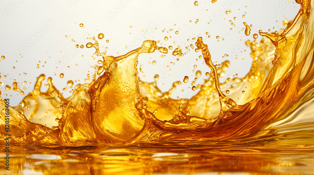 Golden liquid oil splash capturing energy and movement on white background. Generative AI Golden liquid oil splash capturing energy and movement on white background. Generative AI