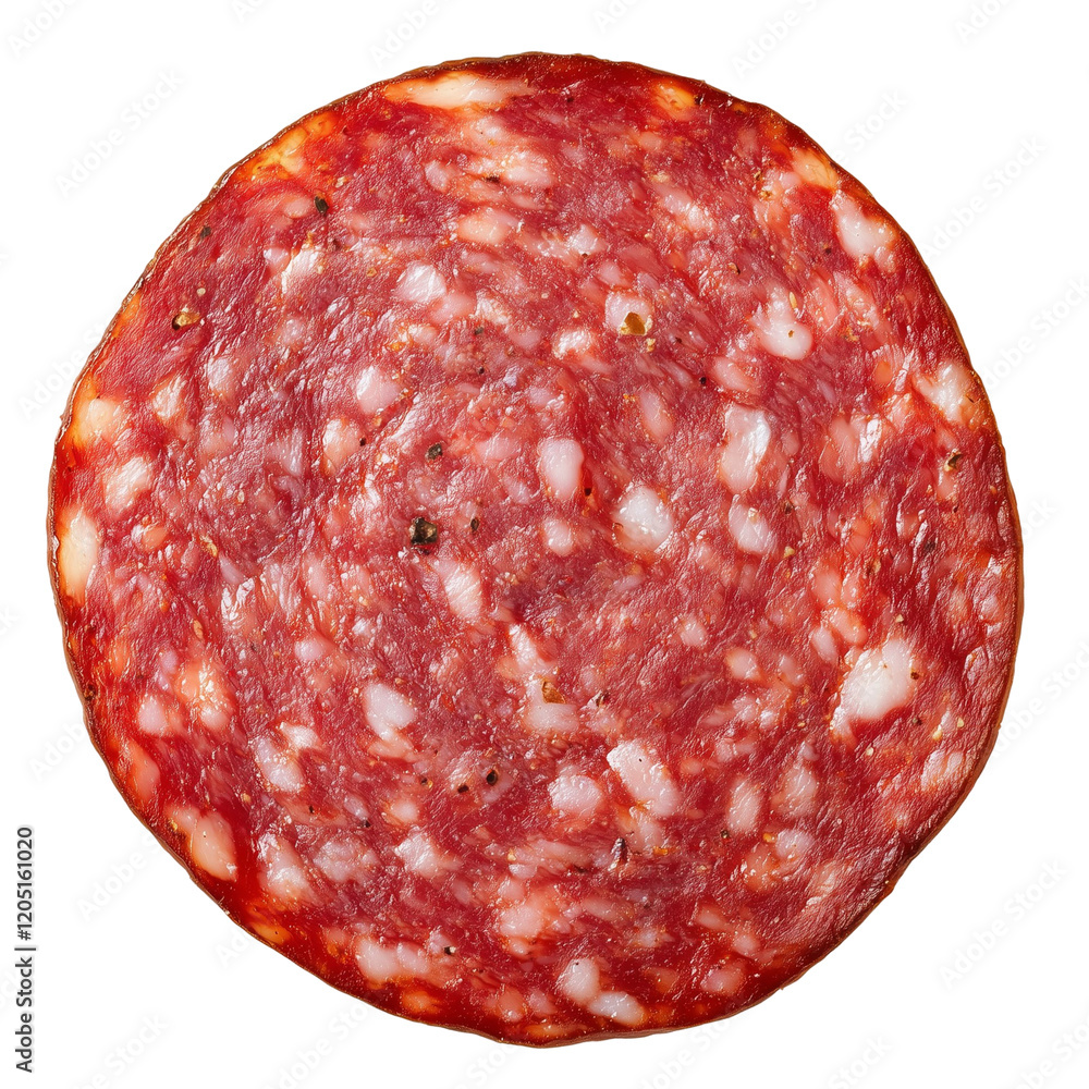 A round slice of salami showcasing its marbled texture and rich colors. A round slice of salami showcasing its marbled texture and rich colors.