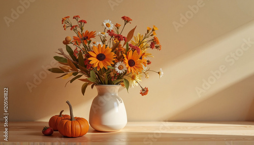 Wallpaper Mural Vase of vibrant flowers with pumpkins on wooden table Torontodigital.ca