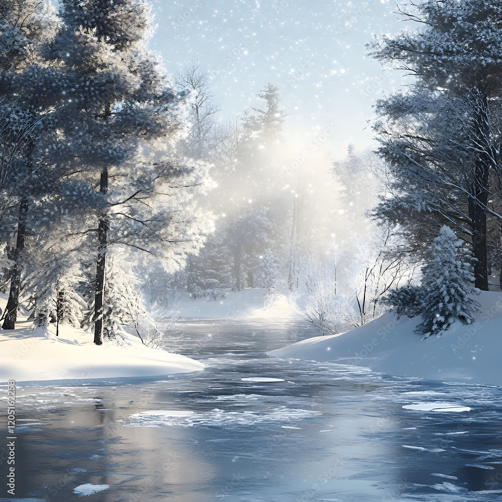 Fototapeta premium A snowy winter forest with trees covered in frost and sunlight shining through the blue sky