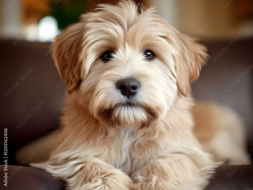Fluffy Puppy Rests on a Brown Leather Couch, Gazing Calmly at the Camera with Big Eyes Fluffy Puppy Rests on a Brown Leather Couch, Gazing Calmly at the Camera with Big Eyes