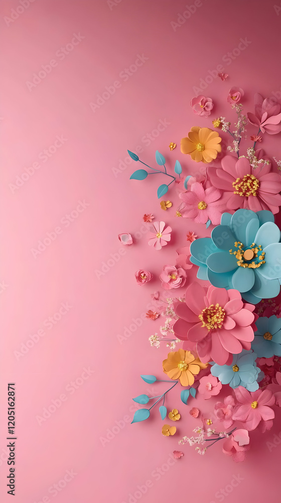 Naklejka premium Colorful Paper Flowers and Leaves Decorate a Pink Background Beautifully and Elegantly