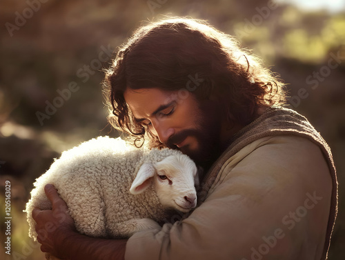 Man Gently Holds a Lamb in ...