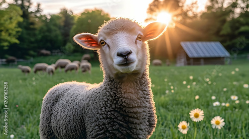 Lamb Poses in a Sunny Pastu...