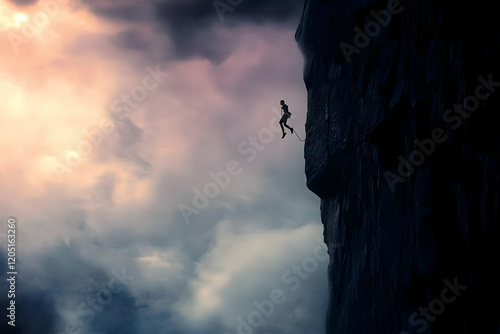 Silhouetted Climber Rappels...
