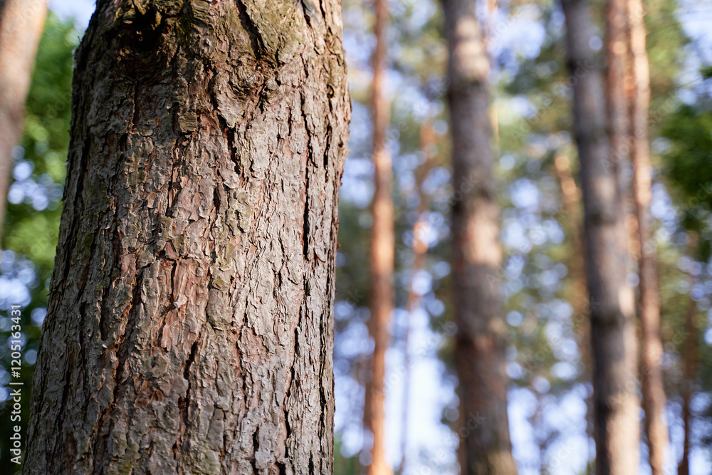Close-Up View of Tree Bark in a Sunlit Forest Close-Up View of Tree Bark in a Sunlit Forest