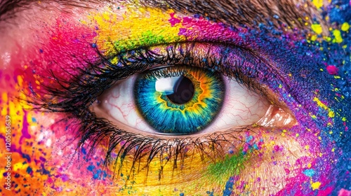 Intricate close-up of a multicolored eye surrounded by vibrant splashes of paint at an artistic festival