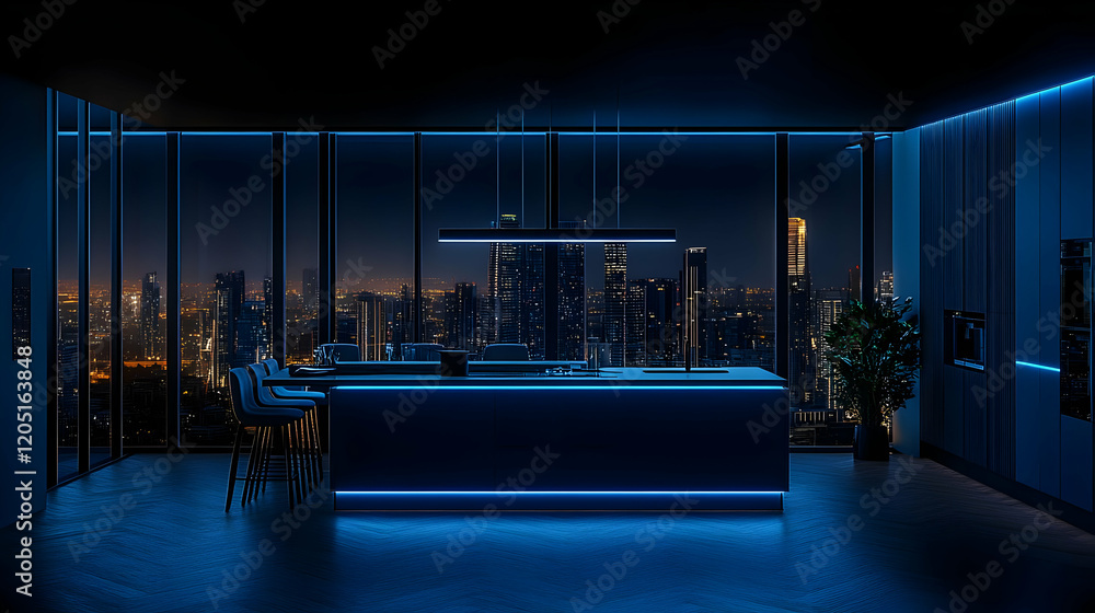 Fototapeta premium Modern Kitchen Interior Design Shines with Blue LED Lighting at Night Overlooking Cityscape View