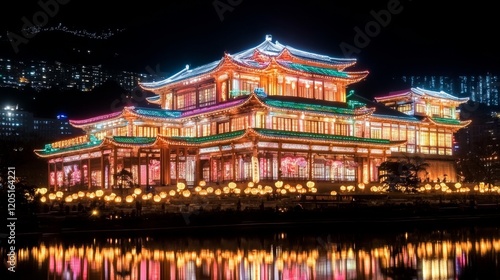 Illuminated Chinese Palace at Night, Festive Lights Reflection