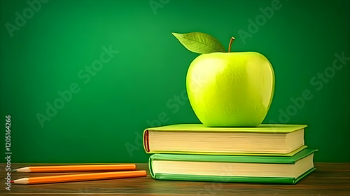 Green Apple Rests on Books ...