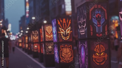 Illuminated City Street Displaying Symbolic Cubes