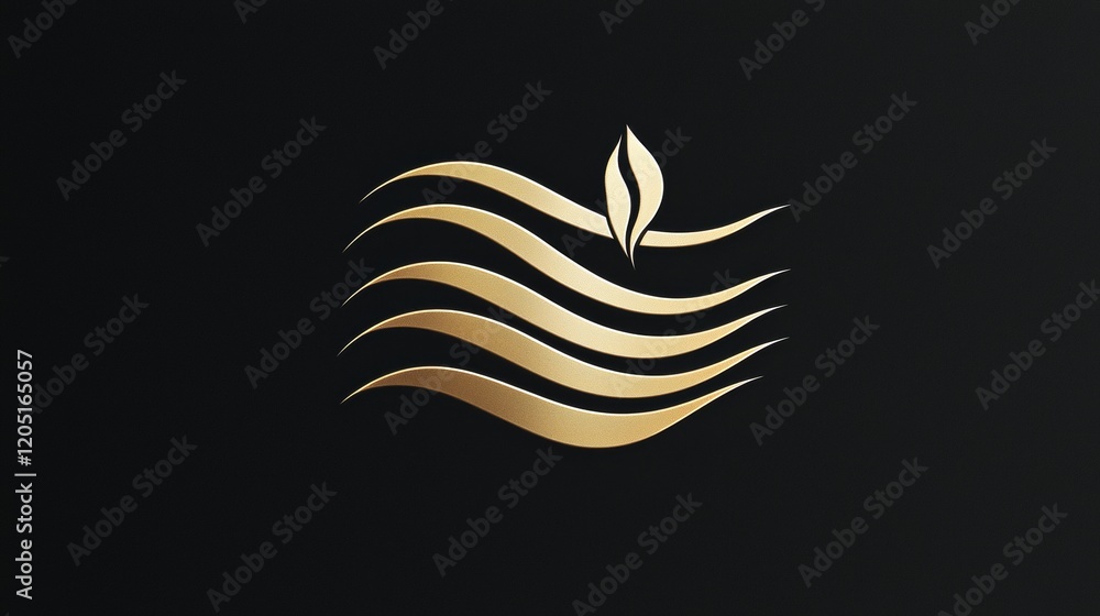 Obraz premium Elegant gold waves with a leaf design create a serene logo on a dark background