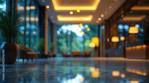 Luxury hotel interior with blurred bokeh lights in the background, capturing elegance, sophistication, and the premium guest experience photo