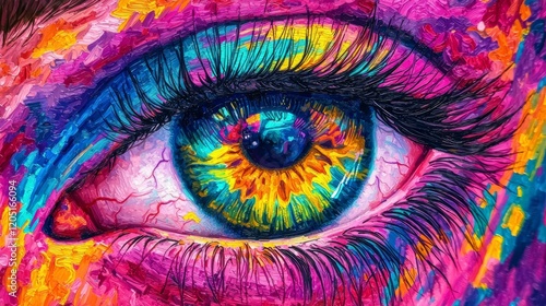 Vibrant artistic depiction of an eye showcasing a kaleidoscope of colors in a modern art style