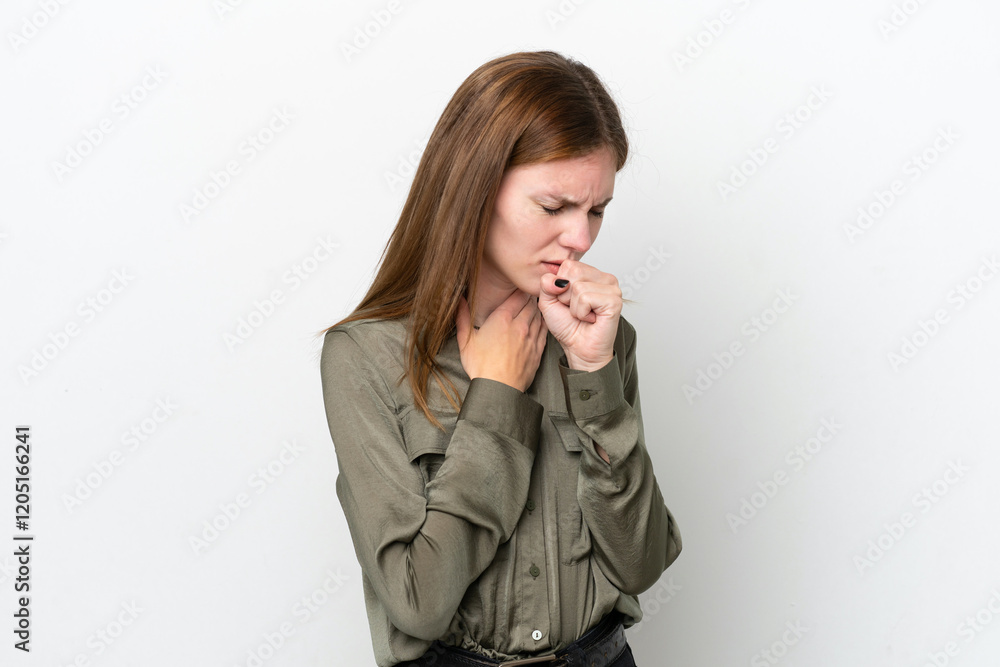 Young English woman isolated on white background coughing a lot Young English woman isolated on white background coughing a lot