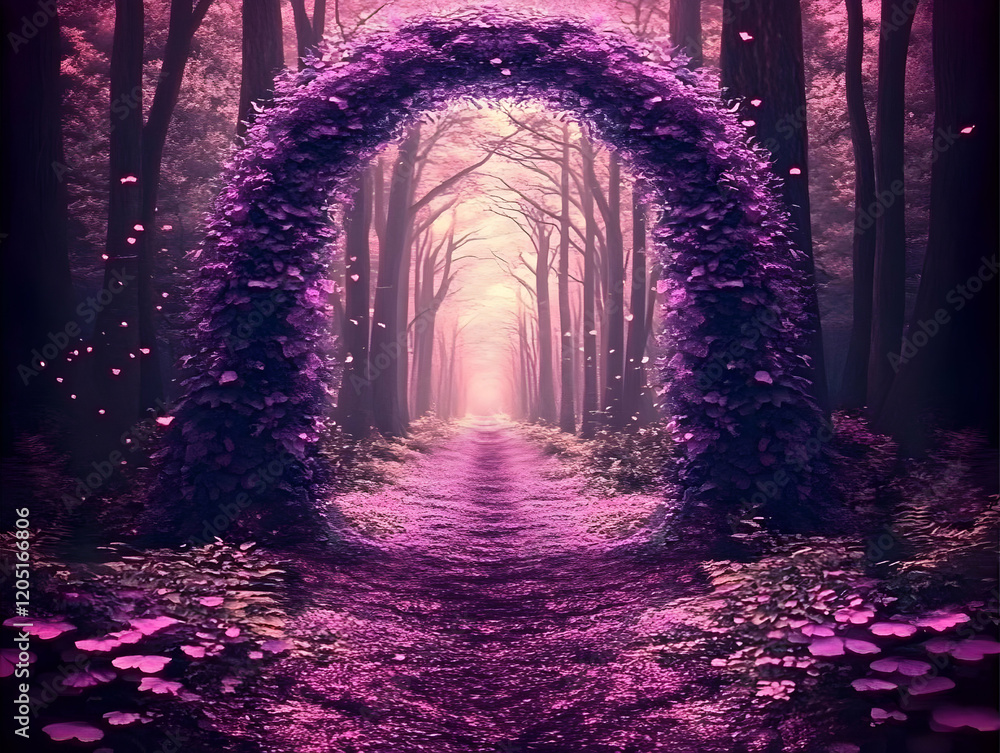 Obraz premium Enchanted Purple Archway Leads into a Mystical Forest Path with Glowing Petals and Mushrooms