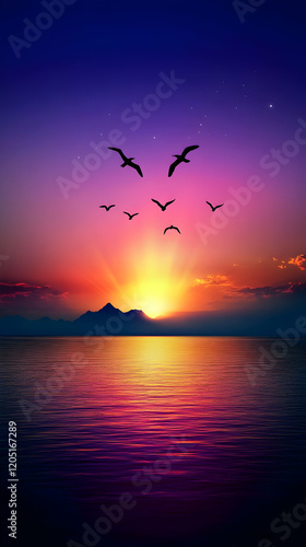 Sunset Over Calm Ocean with...