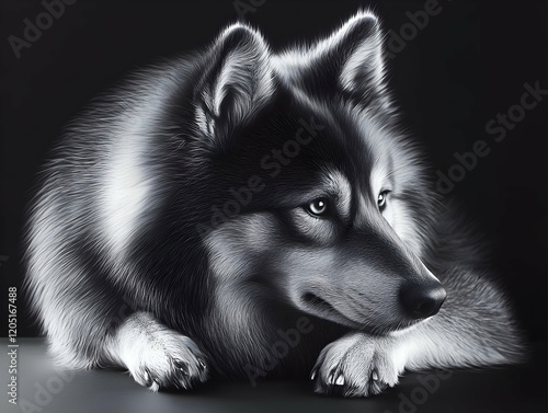 A Majestic Wolf Lies Serenely with Paws Folded, Gazing into the Darkness on Black Background photo