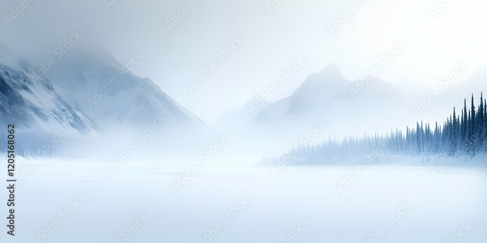 Fototapeta premium Misty Winter Wonderland: Snow-Covered Mountains and Frozen Lake Create a Serene Landscape