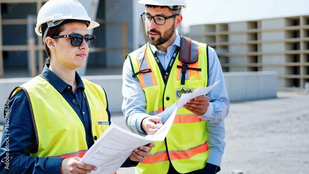 Two construction workers reviewing plans on-site, wearing safety gear and discussing details. Two construction workers reviewing plans on-site, wearing safety gear and discussing details.