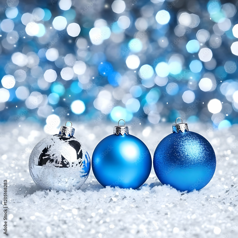 Silver and Blue Ornaments Rest Beautifully in Sparkling Snow with Festive Holiday Lights