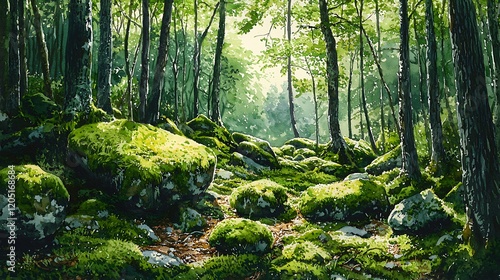 Wallpaper Mural Sun Dappled Mossy Forest Path Watercolor Painting. Torontodigital.ca