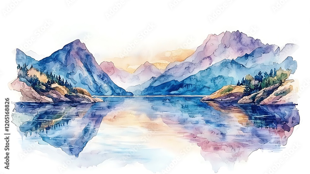 Fototapeta premium Serene Watercolor Landscape Mountains Reflecting in a Calm Lake.