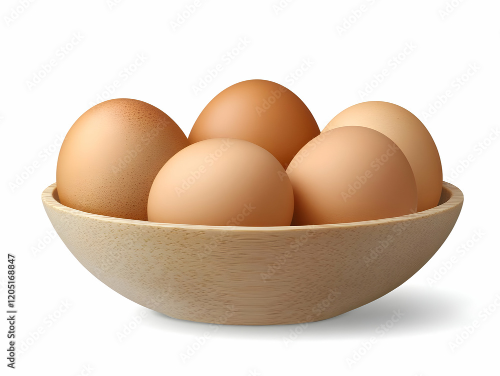 Four Fresh Brown Eggs Nestled in a Wooden Bowl on a White Background Four Fresh Brown Eggs Nestled in a Wooden Bowl on a White Background