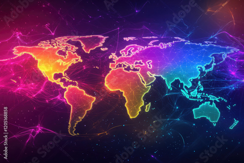 A futuristic representation of the world map, rendered in neon colors, with pulsating light trails crisscrossing continents on a dark gradient background  photo