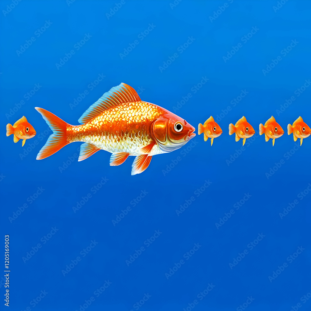 Fototapeta premium Large Goldfish Leads a Group of Smaller Goldfish in a Blue Background