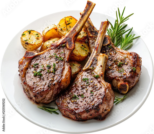 Delicious grilled lamb chops served with roasted potatoes and rosemary garnish.