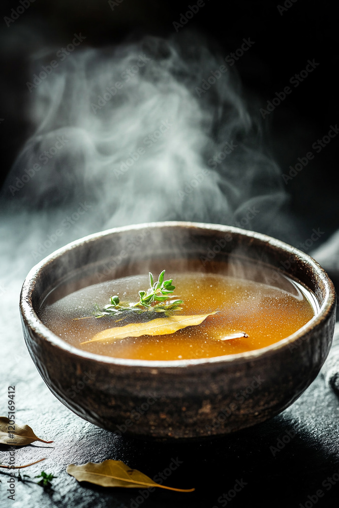 Steaming beef broth in a rustic ceramic bowl with floating herbs Steaming beef broth in a rustic ceramic bowl with floating herbs