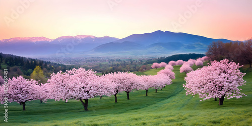 Blooming cherry trees adorn...