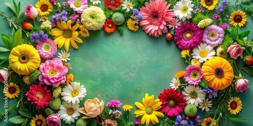 Colorful flowers and greenery arranged in a circular pattern on a seamless background , floral seamless background, spring colors