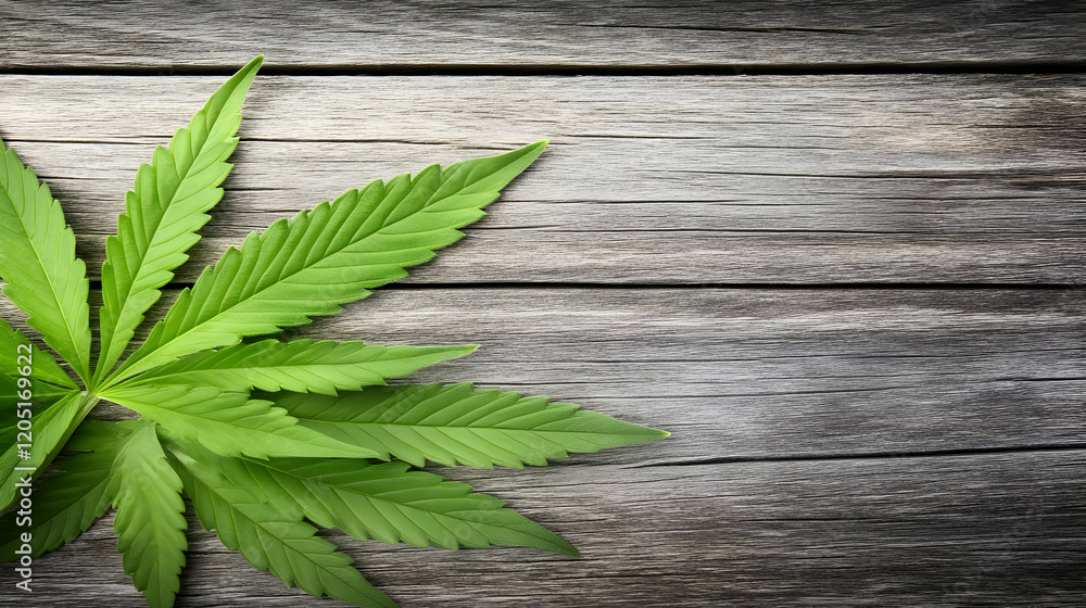 Obraz premium Green Cannabis Leaf Lies on a Rustic Wooden Background Texture.
