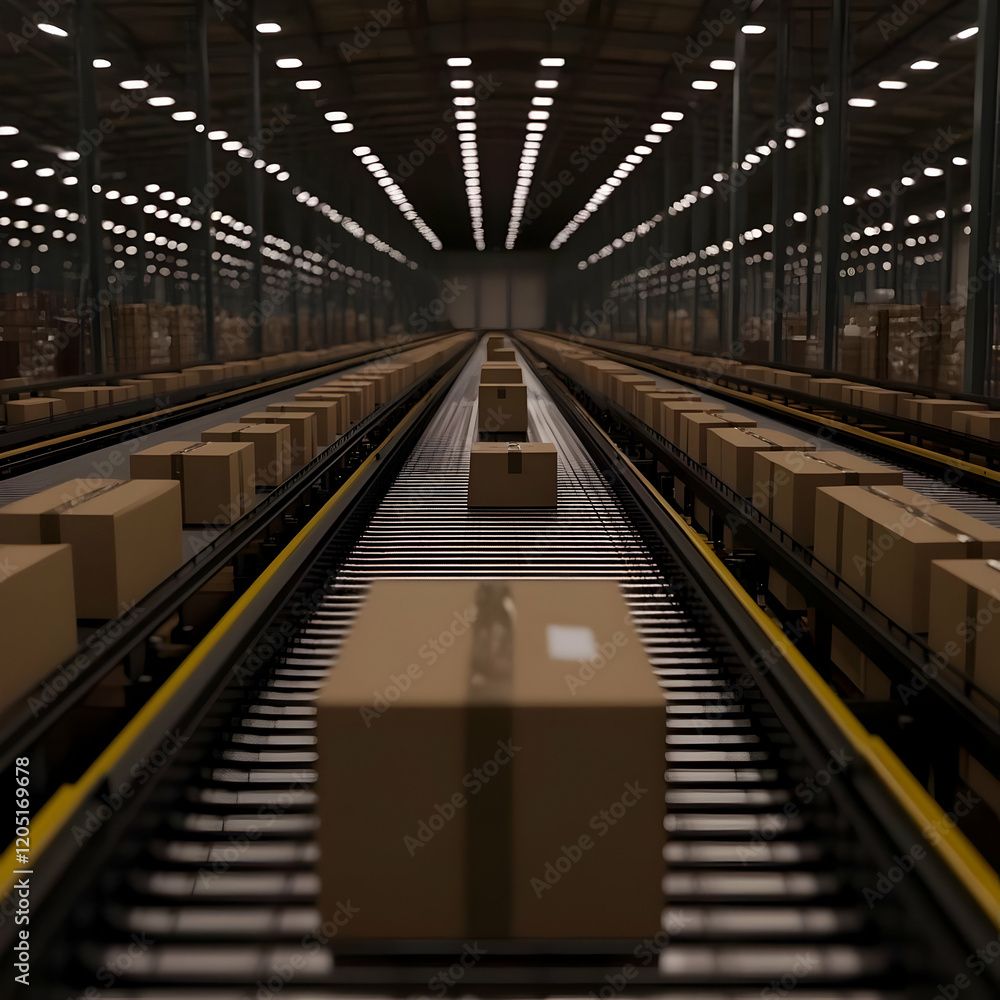 Obraz premium Cardboard Boxes Move on Automated Conveyor Belts in Distribution Center Warehouse