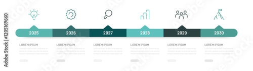Business infographics for a presentation consisting of 6 steps, stages of achieving a goal. Project planning by year or month, editable icons