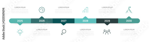 Business infographics for a presentation consisting of 6 steps, stages of achieving a goal. Project planning by year or month, editable icons