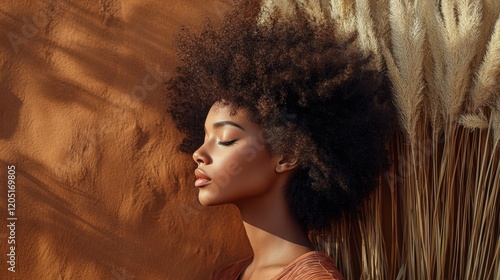 portrait of african american woman on brown wall background with dry flowers. ai generated