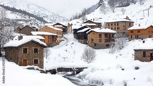 Snowy mountain village, stream, winter landscape, postcard