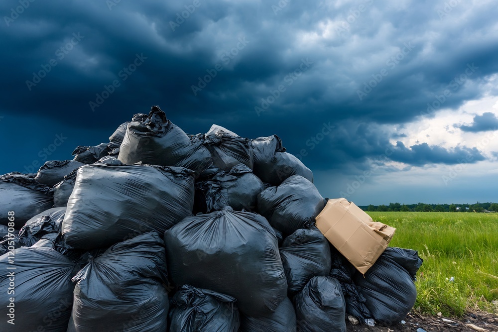Garbage bags pile, stormy sky, rural field, environmental pollution, stock photo Garbage bags pile, stormy sky, rural field, environmental pollution, stock photo