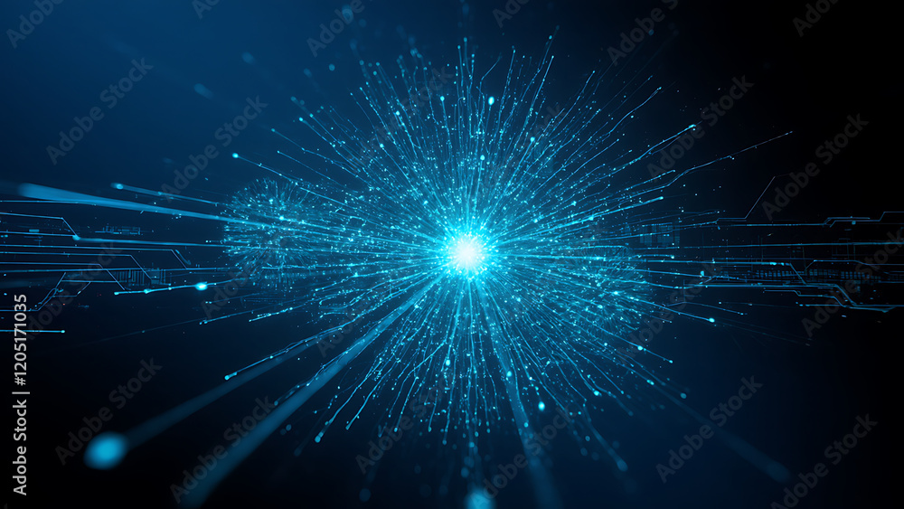 Naklejka premium Abstract blue light particles radiating from central point, creating dynamic visual effect. This represents technology, innovation, and digital networks