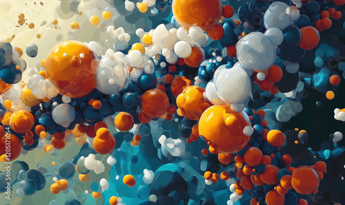 Abstract Colorful Composition of Spheres and Bubbles in Vivid Shades of Orange, Blue, White, and Teal Creating a Dynamic Visual Experience