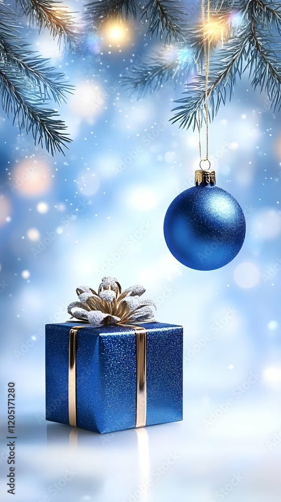 Blue Christmas Ornament Hangs Near a Gift on Snowy Blue Background with Festive Lighting Blue Christmas Ornament Hangs Near a Gift on Snowy Blue Background with Festive Lighting