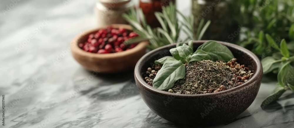 Fototapeta premium Herb blend bowl, kitchen table, spices, cooking