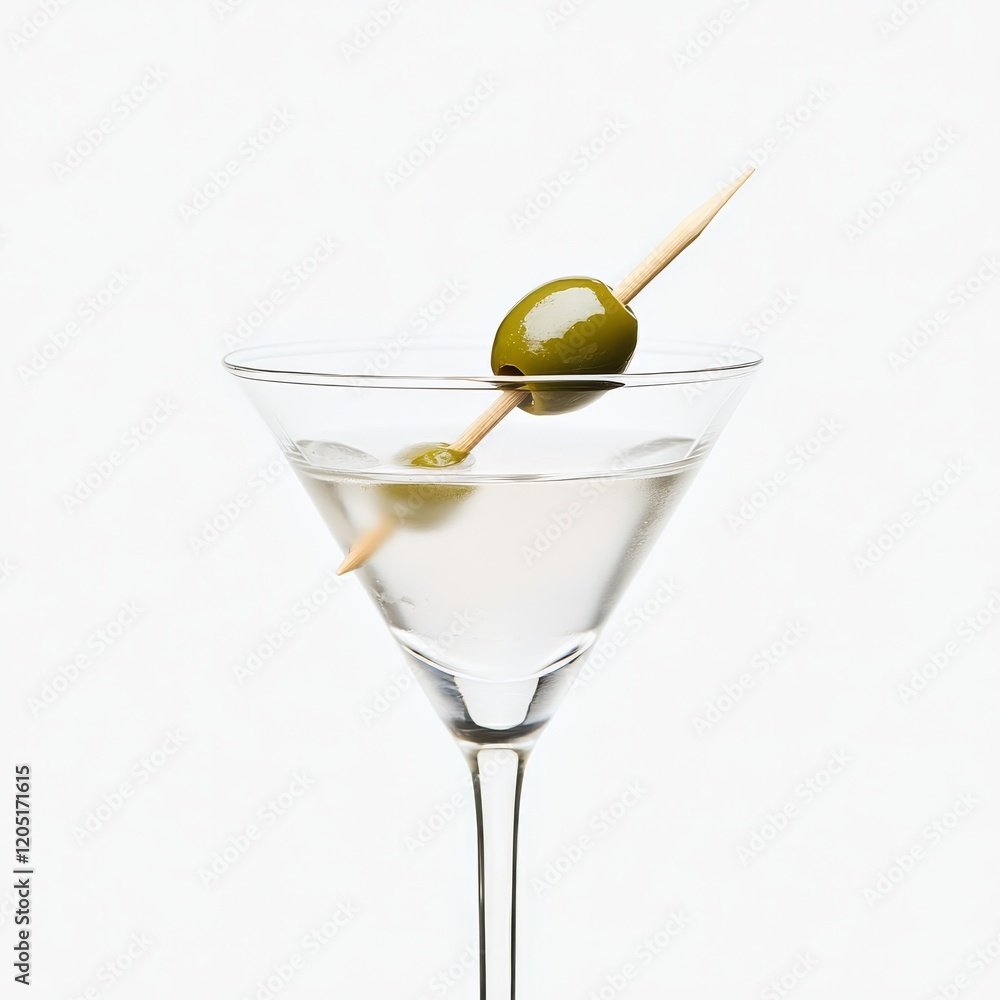 A crisp dry martini with an olive on a skewer, clean and classic, isolated white background A crisp dry martini with an olive on a skewer, clean and classic, isolated white background